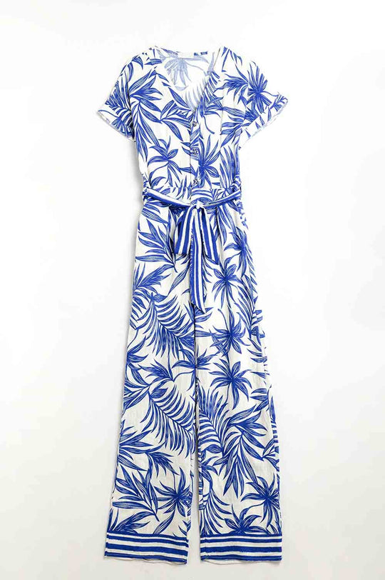 Tropical Motif Short Sleeve Jumpsuit in blue and white