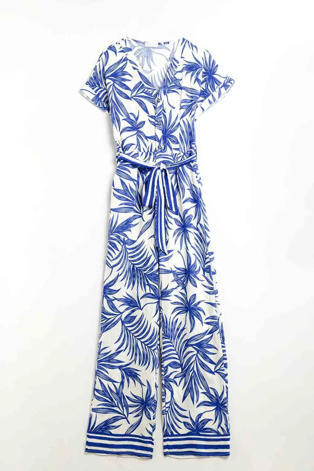 Tropical Motif Short Sleeve Jumpsuit in blue and white - Jumpsuits