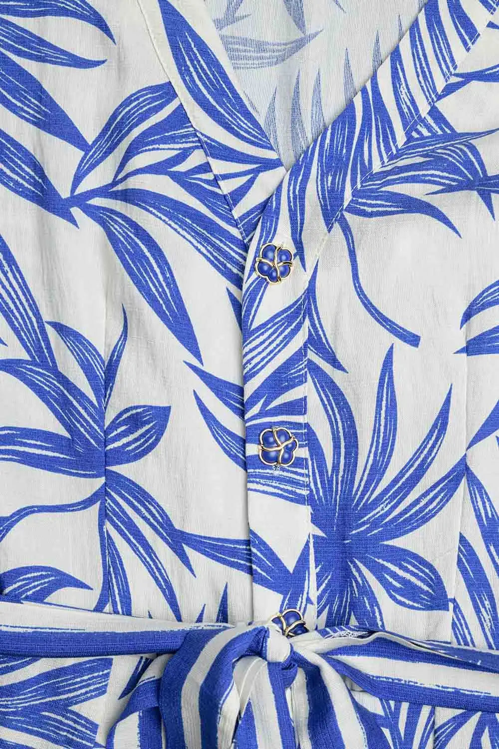 Tropical Motif Short Sleeve Jumpsuit in blue and white - Jumpsuits