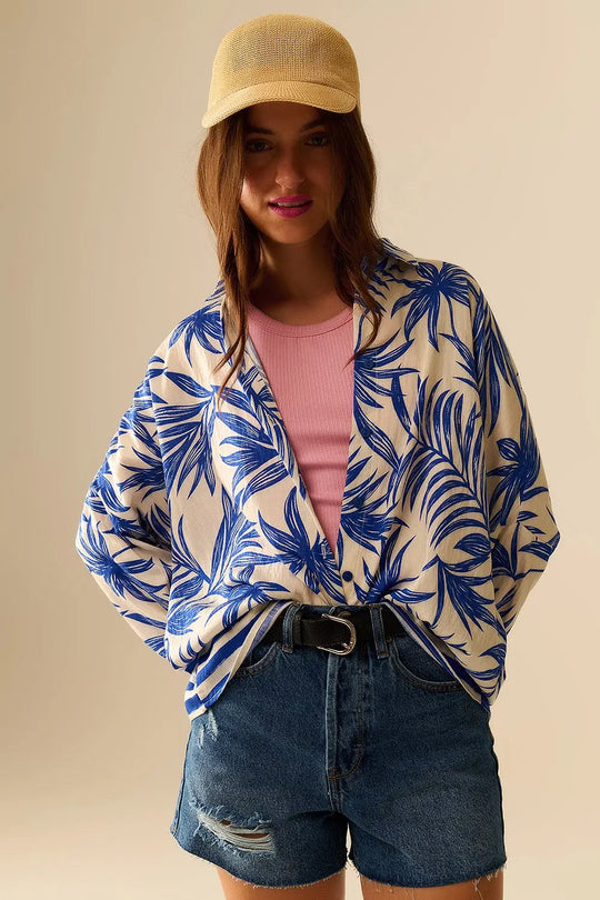 Tropical Motif Relaxed Blouse in Blue and White - Dresses
