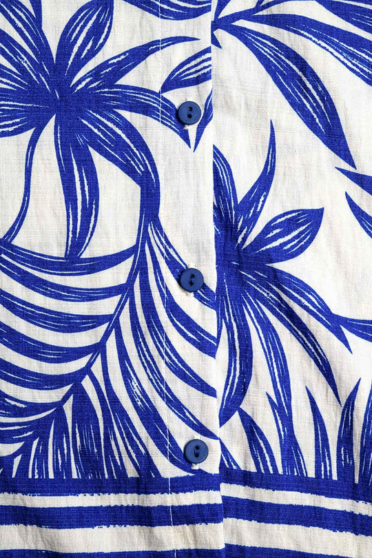 Tropical Motif Relaxed Blouse in Blue and White