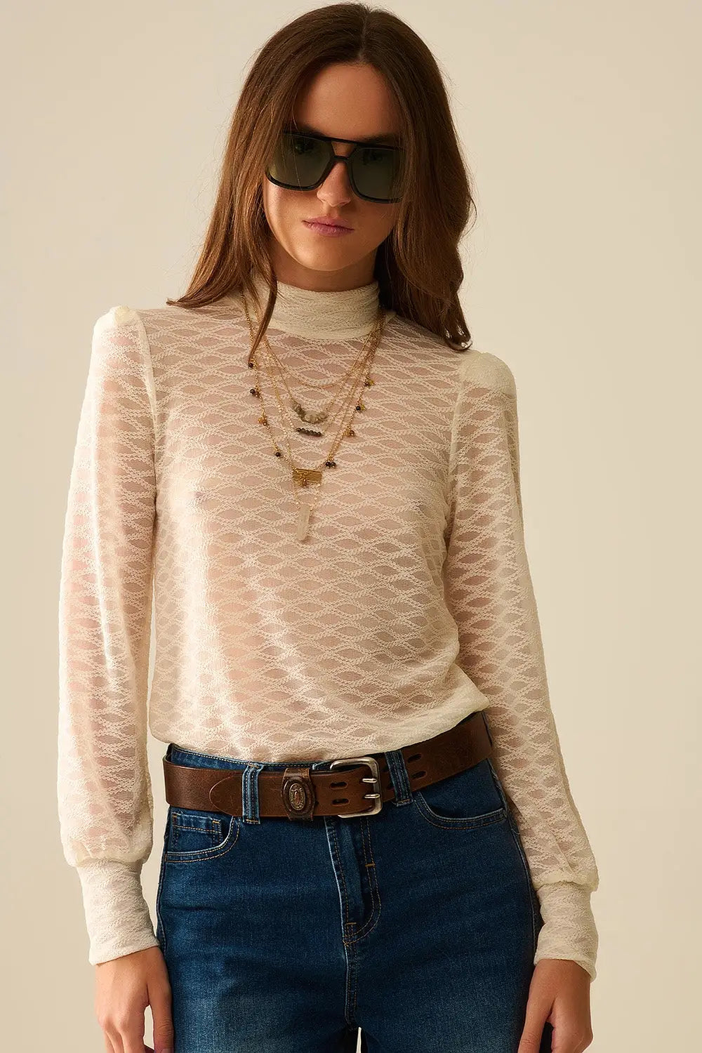 Beige Sheer Lace Turtleneck Top with Puff Shoulders - Tops