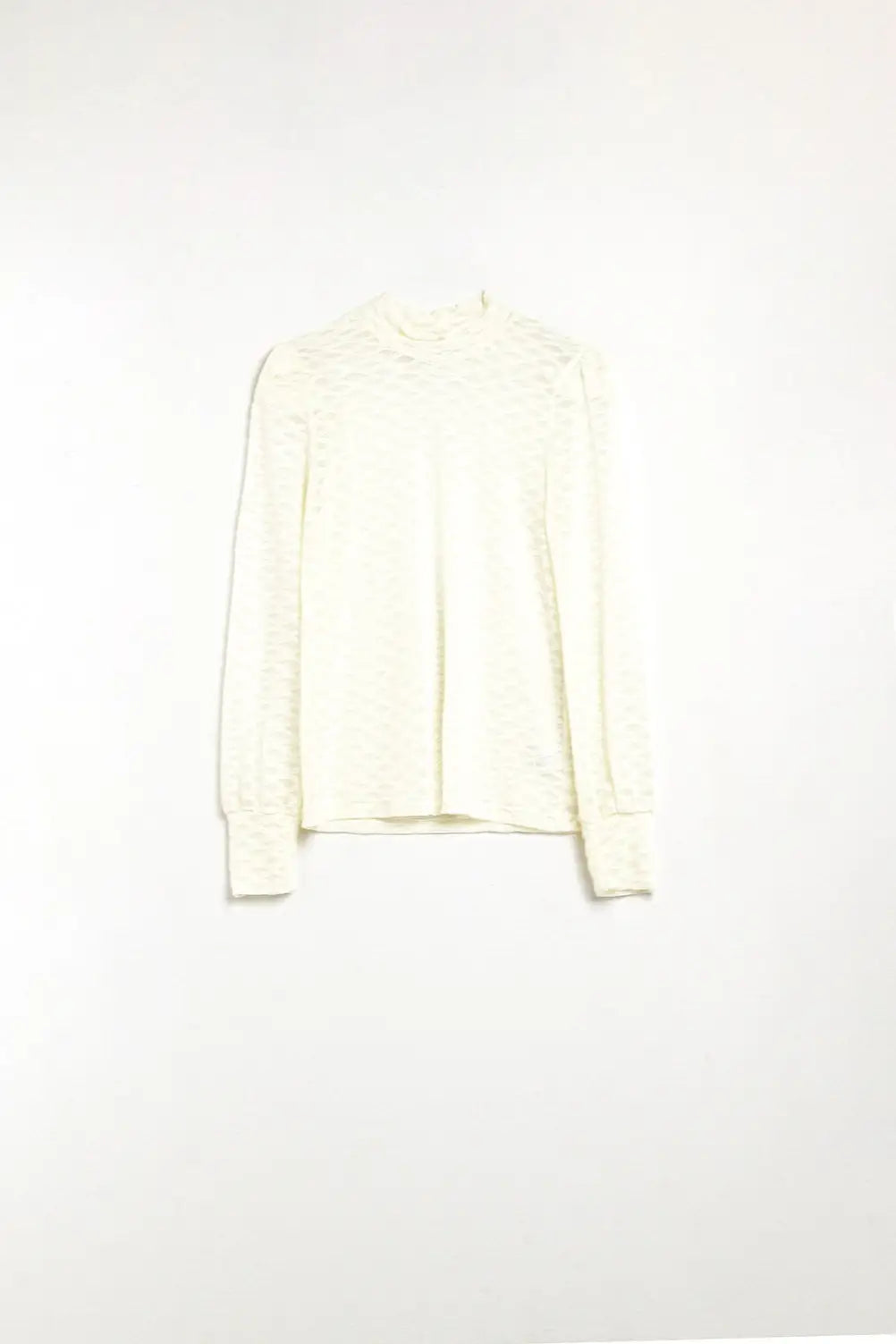 Beige Sheer Lace Turtleneck Top with Puff Shoulders - Tops