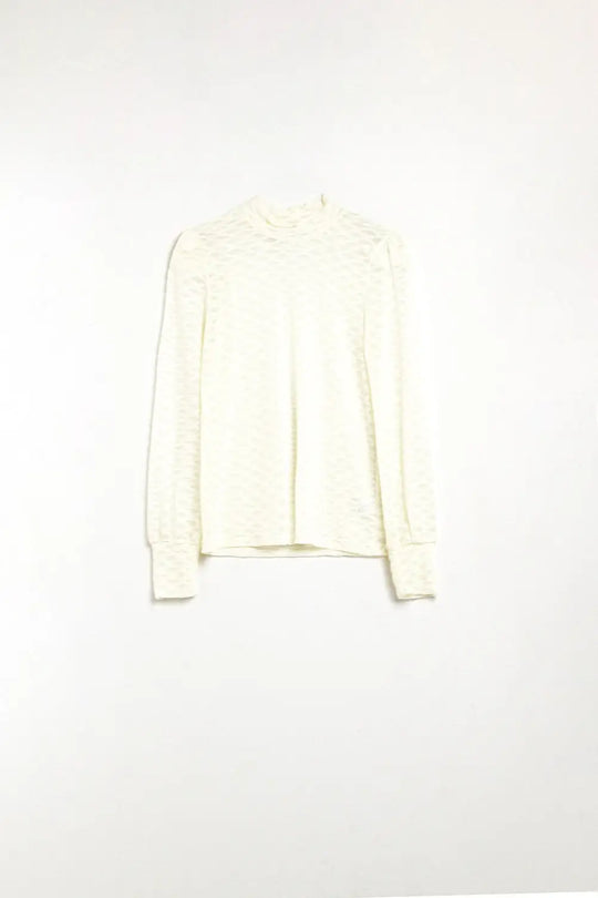 Beige Sheer Lace Turtleneck Top with Puff Shoulders - Tops