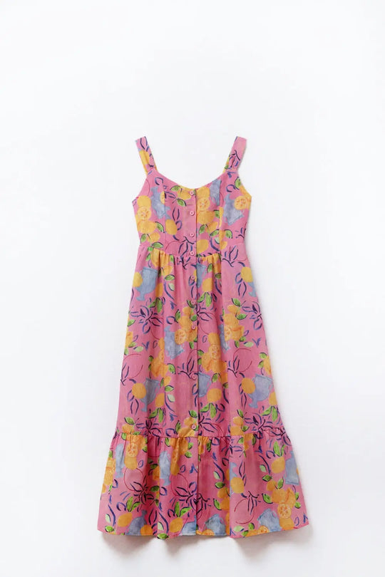 Pink Sleeveless maxi Dress with Lemon Print - Dresses