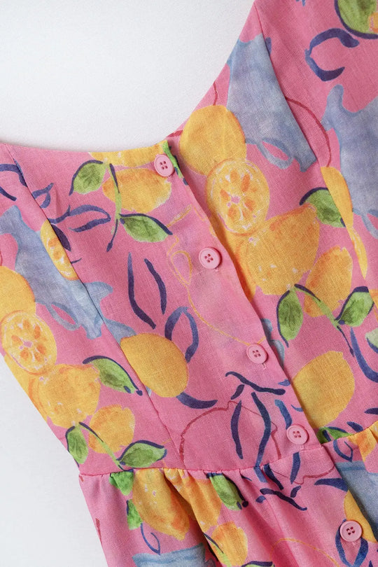 Pink Sleeveless maxi Dress with Lemon Print - Dresses