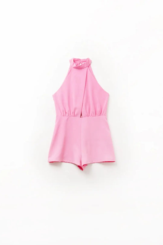 High Neck pink Jumpsuit with Front Pleat Detail - Jumpsuits