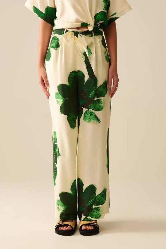 white Palazzo Pants With Green Tropial Flower Print and Matching Belt - Pants