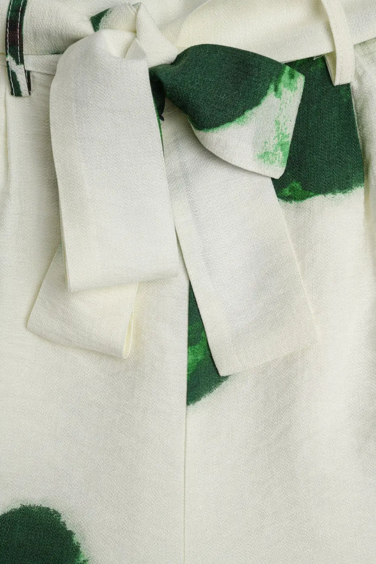 white Palazzo Pants With Green Tropial Flower Print and Matching Belt - Pants