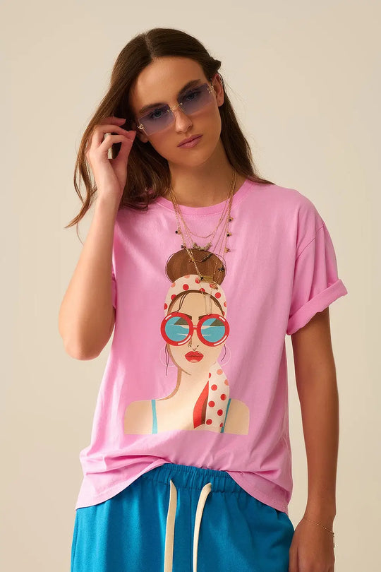 Pink T-shirt made in Italy with a vintage girl graphic - PINK / ONE - T-Shirts