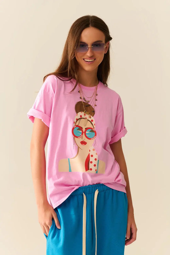 Pink T-shirt made in Italy with a vintage girl graphic - PINK / ONE - T-Shirts