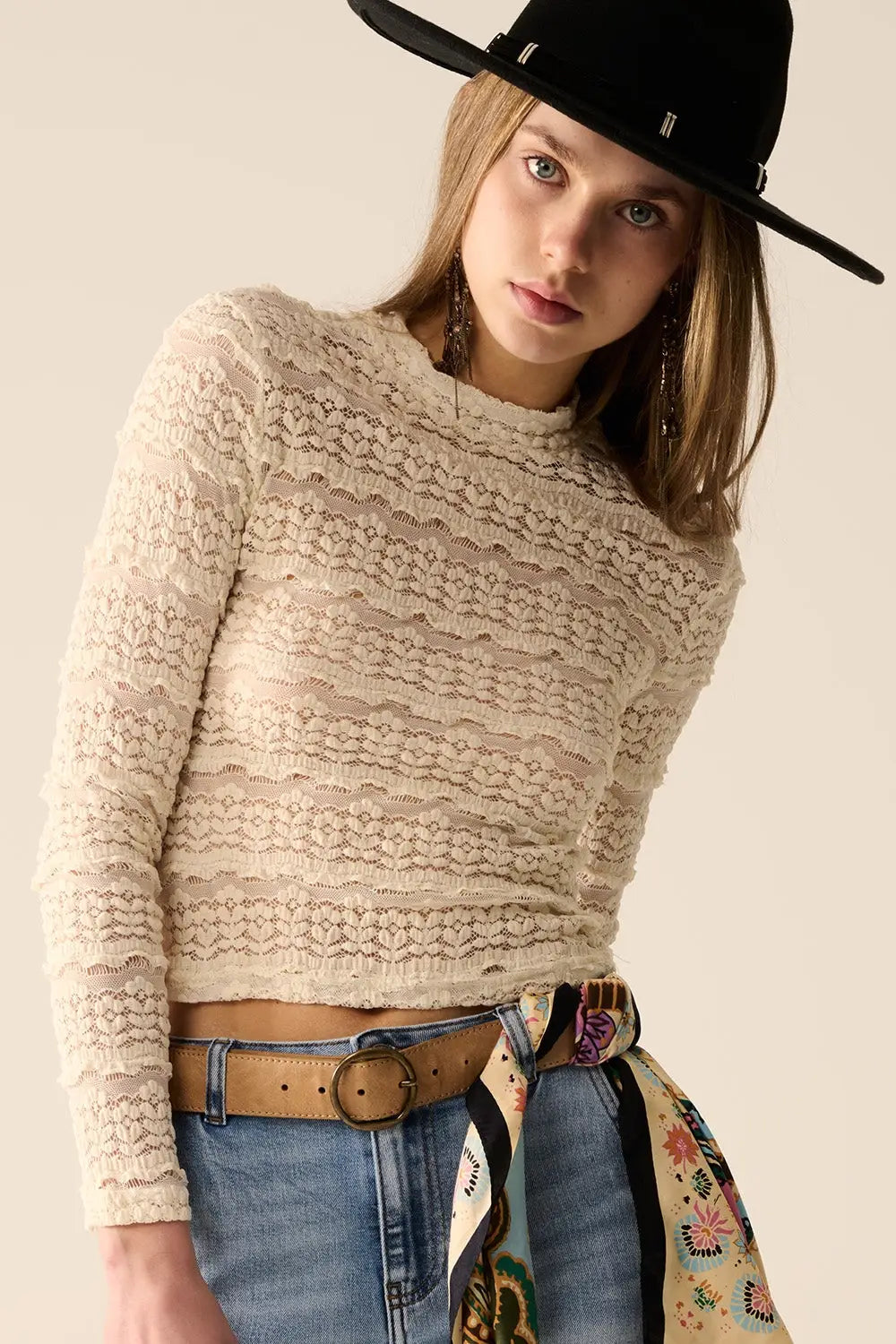 Floral Lace Top With Crew Neck in Cream - Tops