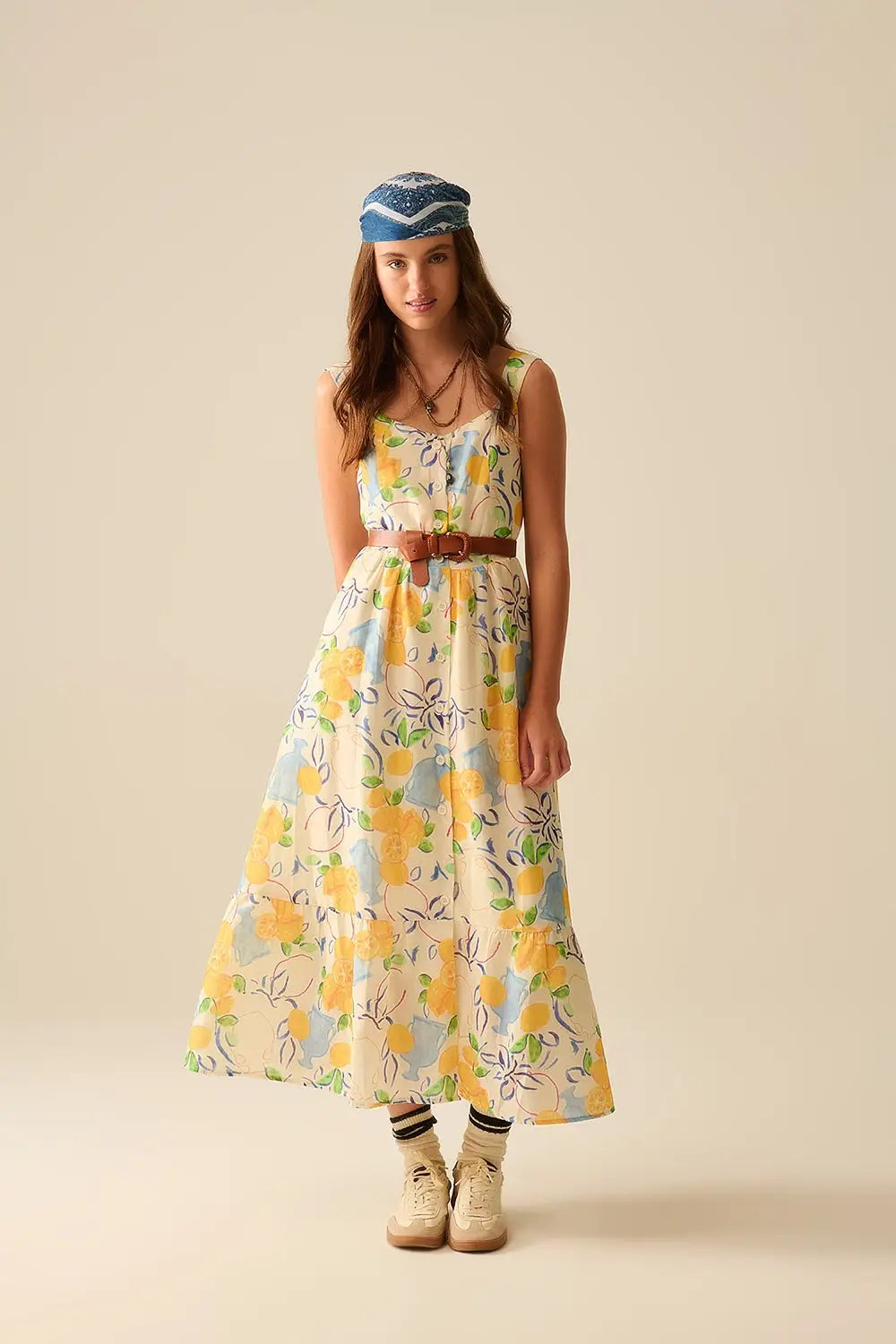 white maxi strapless dress with lemon print - Dresses