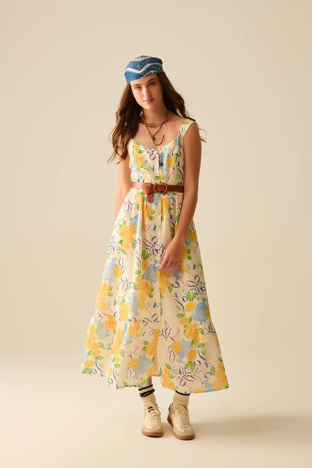 white maxi strapless dress with lemon print - Dresses