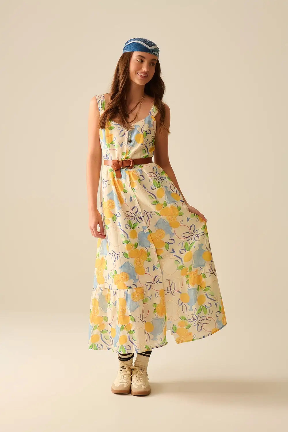 white maxi strapless dress with lemon print - Dresses