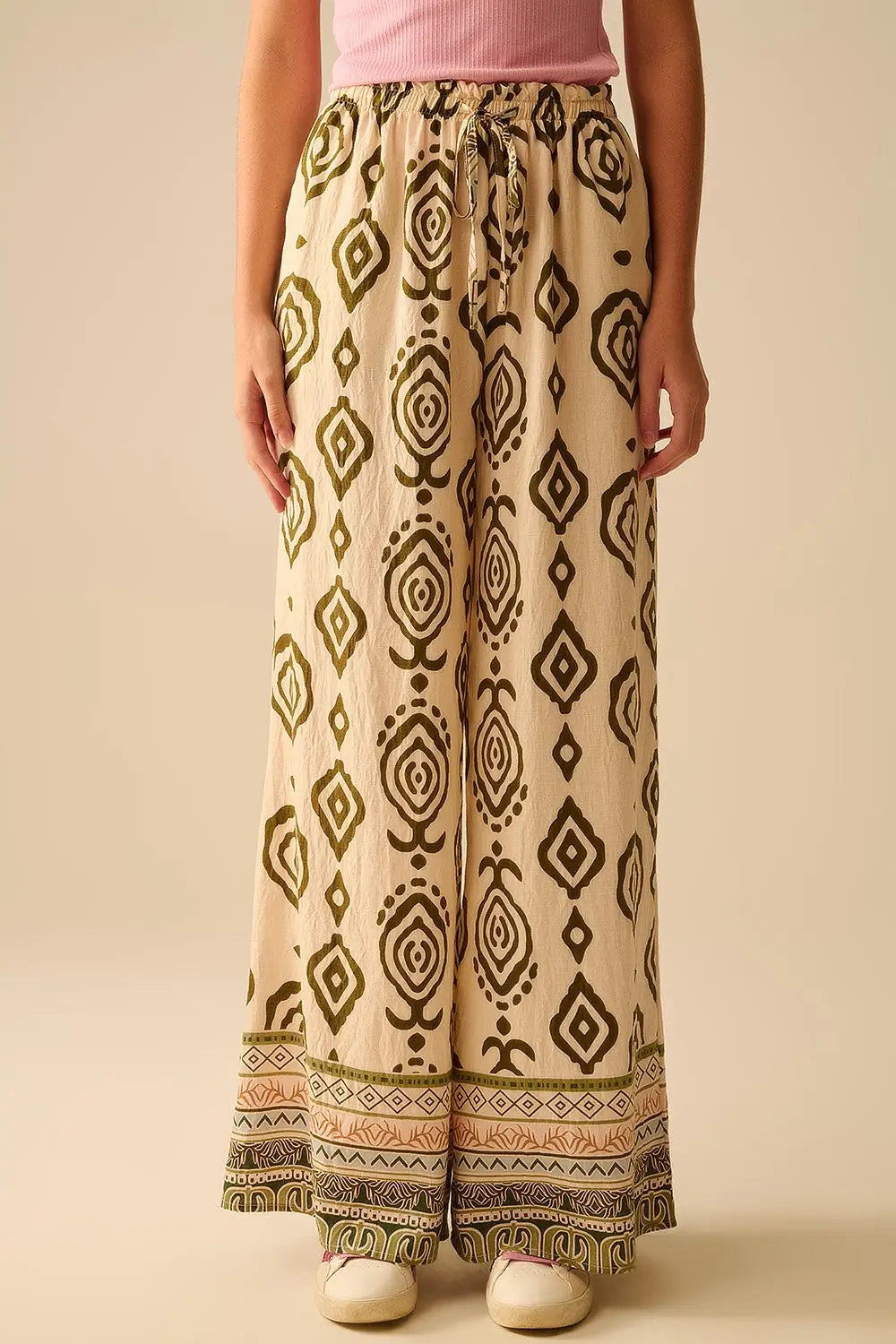 Khaki wide leg boho print pants - Pants