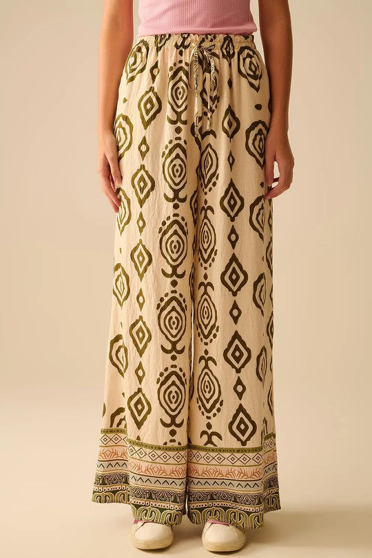 Khaki wide leg boho print pants - Pants