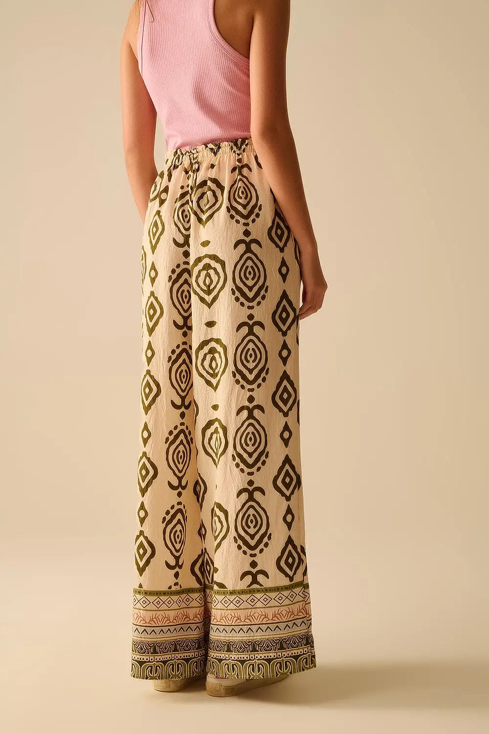 Khaki wide leg boho print pants - Pants