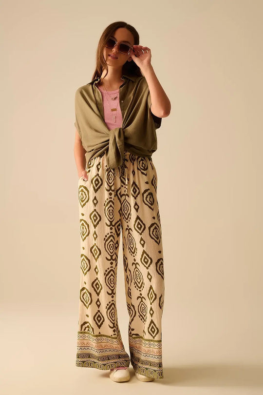 Khaki wide leg boho print pants - Pants