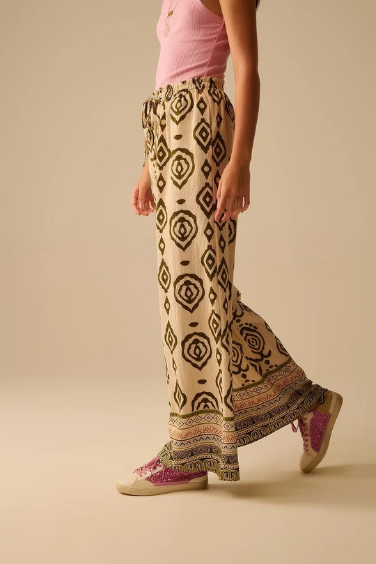 Khaki wide leg boho print pants - Pants