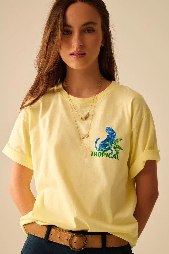 Yellow t-shirt made in Italy with tropical graphic print - YELLOW / ONE - T-Shirts