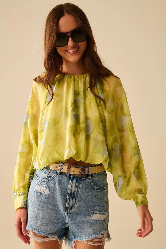 green printed chiffon blouse with balloon sleeves - Shirts