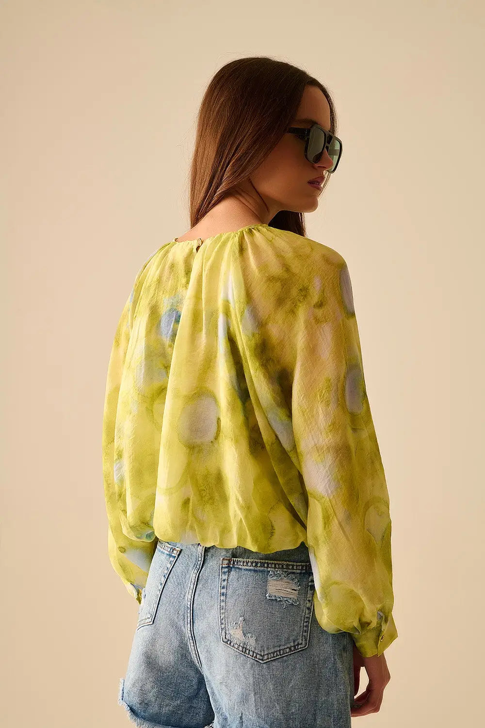 green printed chiffon blouse with balloon sleeves - Shirts