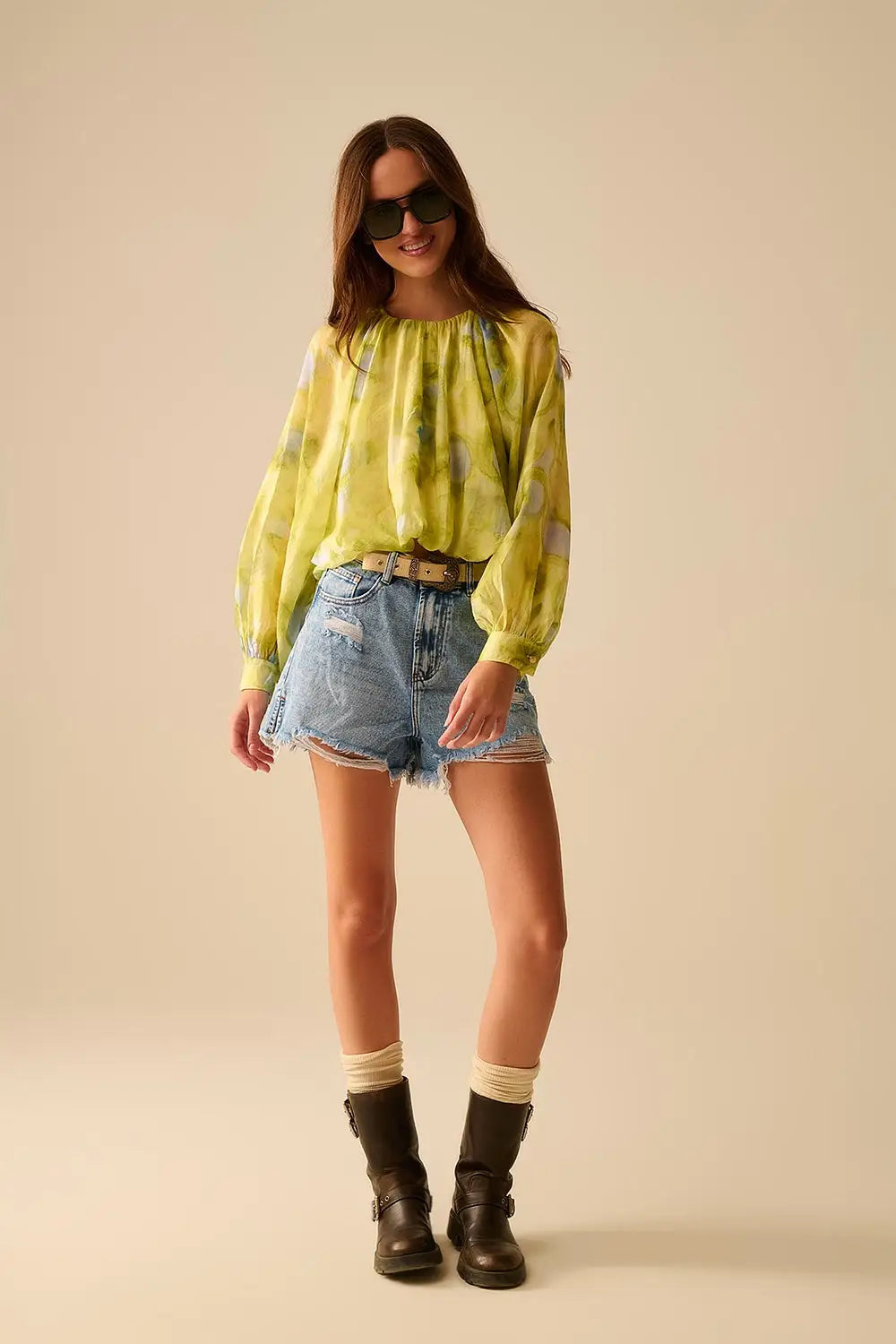 green printed chiffon blouse with balloon sleeves - Shirts