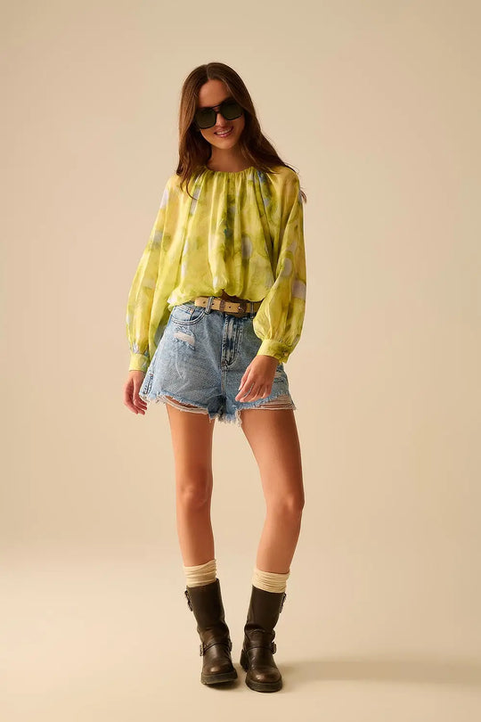 green printed chiffon blouse with balloon sleeves - Shirts