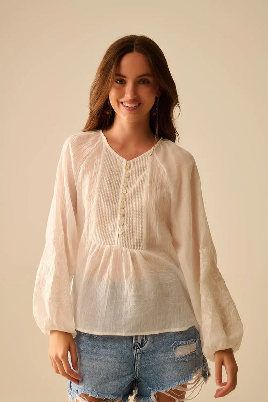 white chiffon blouse with embroidery on the sleeves - Shirts