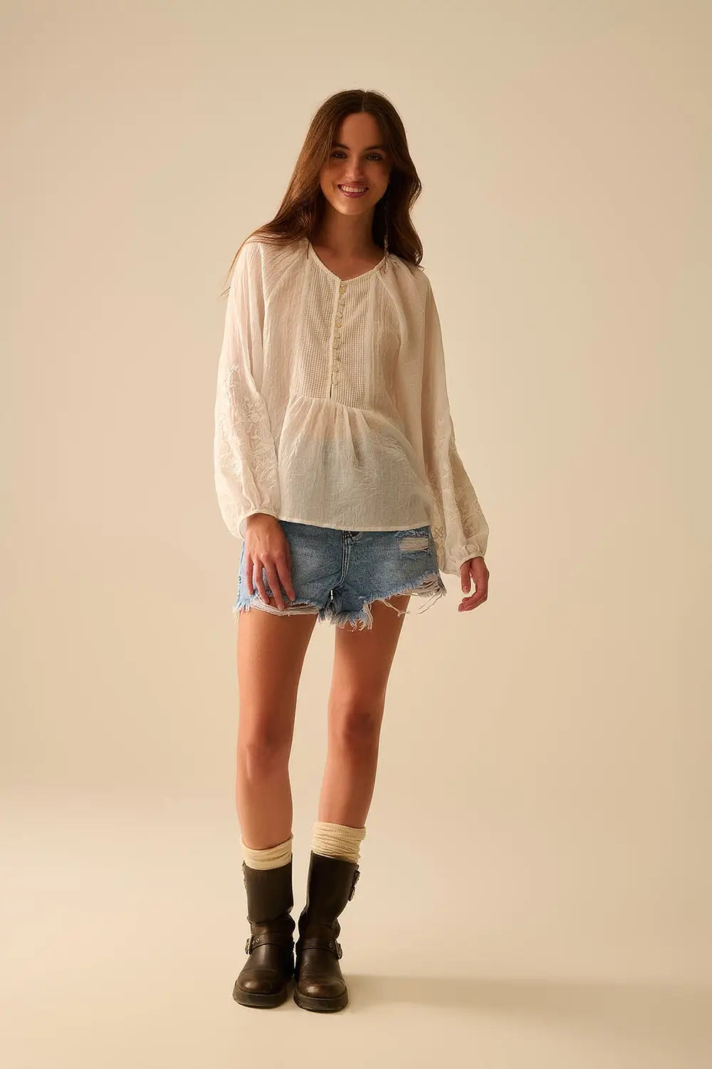 white chiffon blouse with embroidery on the sleeves - Shirts