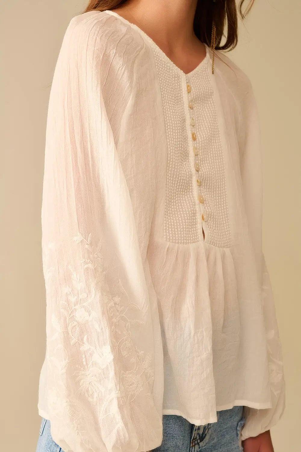white chiffon blouse with embroidery on the sleeves - Shirts