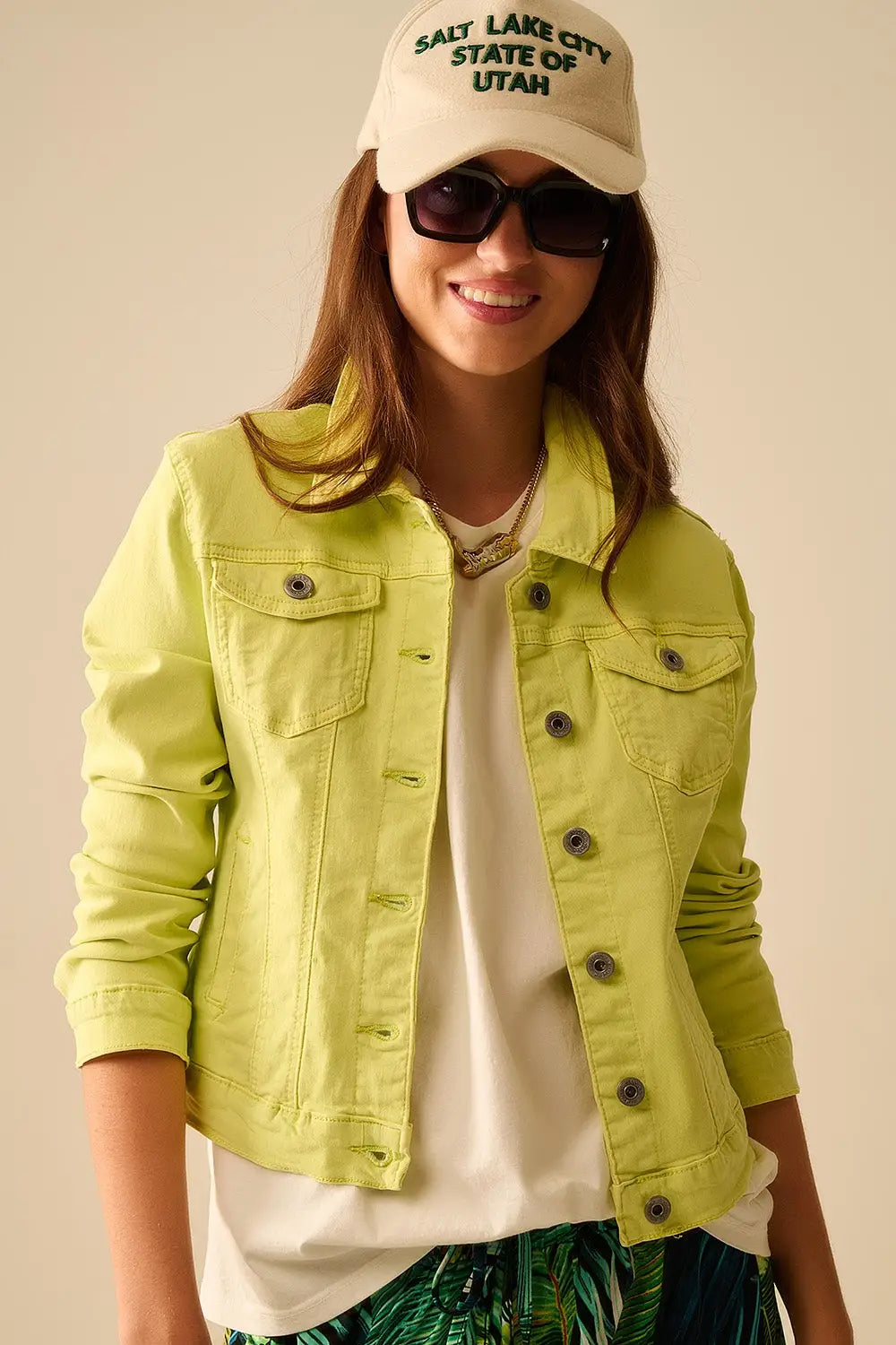 Basic Denim elastic Jacket With Pockets in lime - Jackets