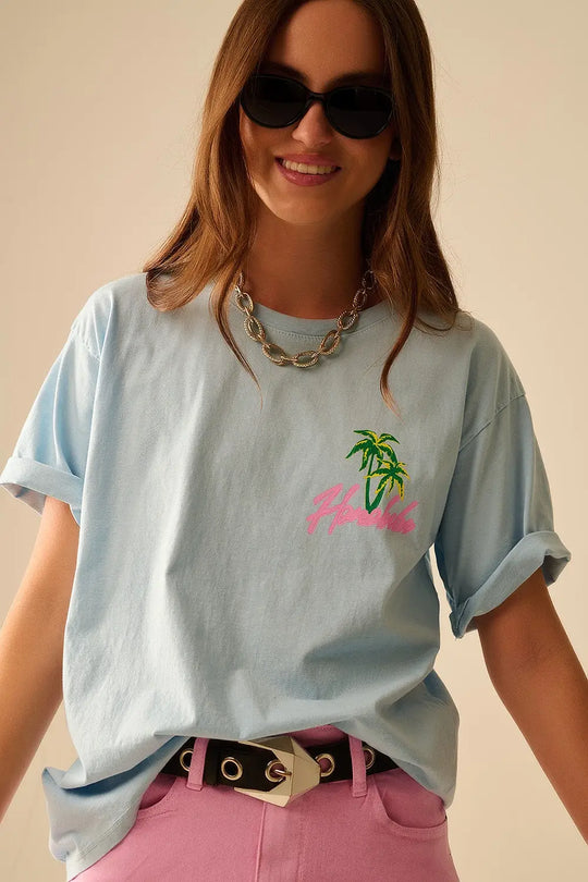 Blue t-shirt made in Italy with Honolulu graphic - BLUE / ONE - T-Shirts