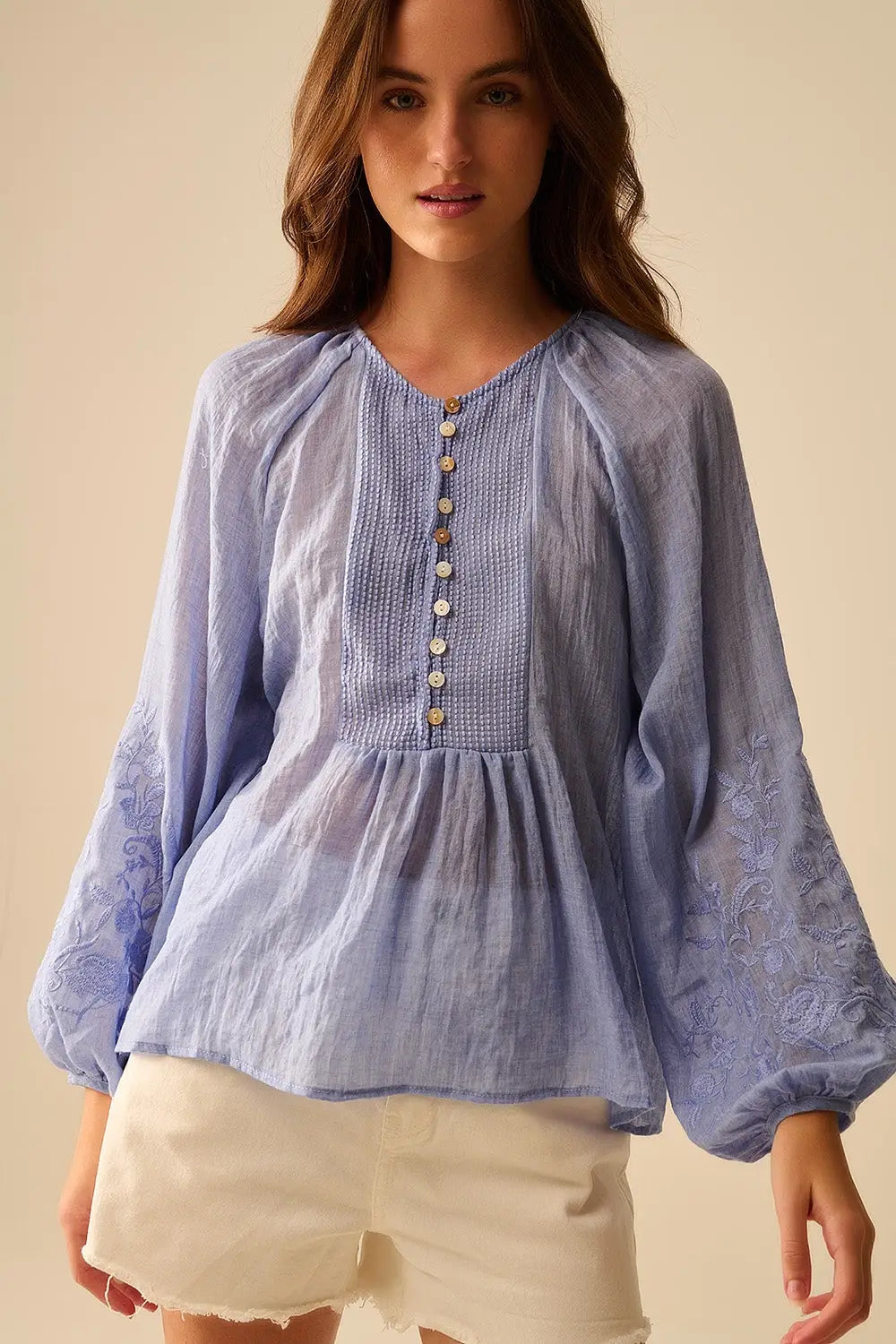 Blue chiffon blouse with embroidery on the sleeves - Shirts