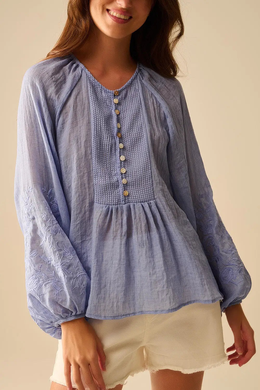 Blue chiffon blouse with embroidery on the sleeves - Shirts