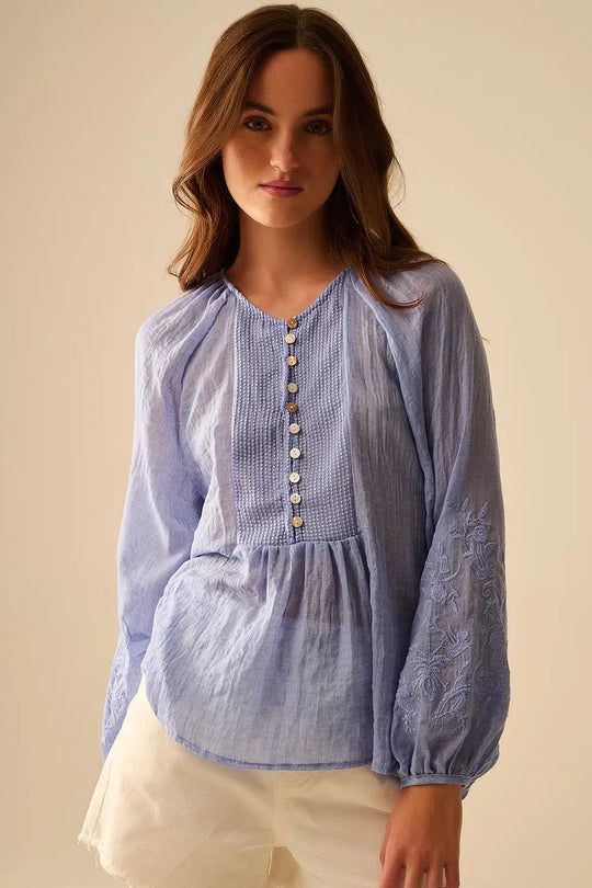 Blue chiffon blouse with embroidery on the sleeves - Shirts