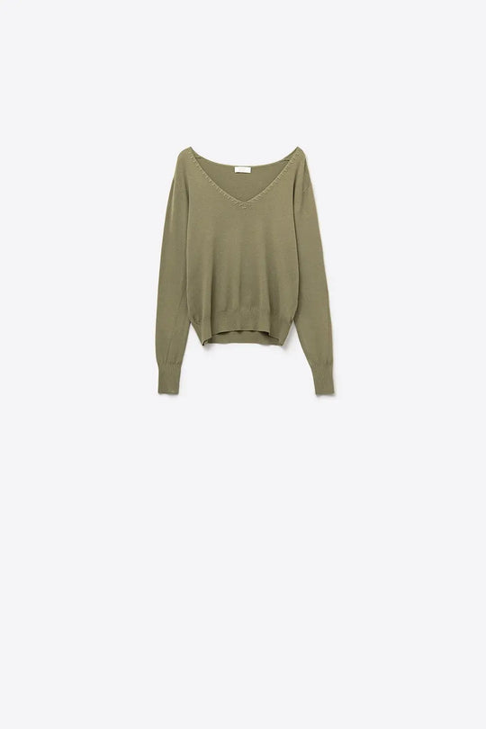 Fine Knit V-Neck Sweater with Decorative Neckline Detail in khaki color - KHAKI / ONE - Sweaters