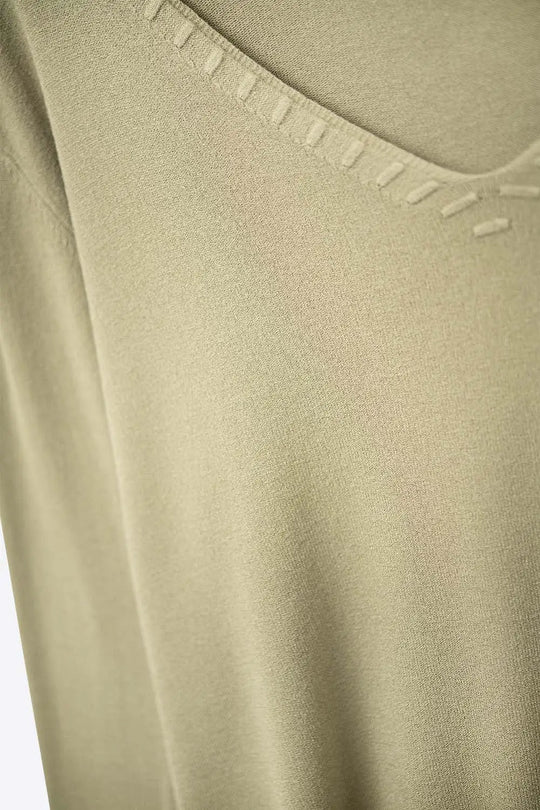 Fine Knit V-Neck Sweater with Decorative Neckline Detail in khaki color - KHAKI / ONE - Sweaters
