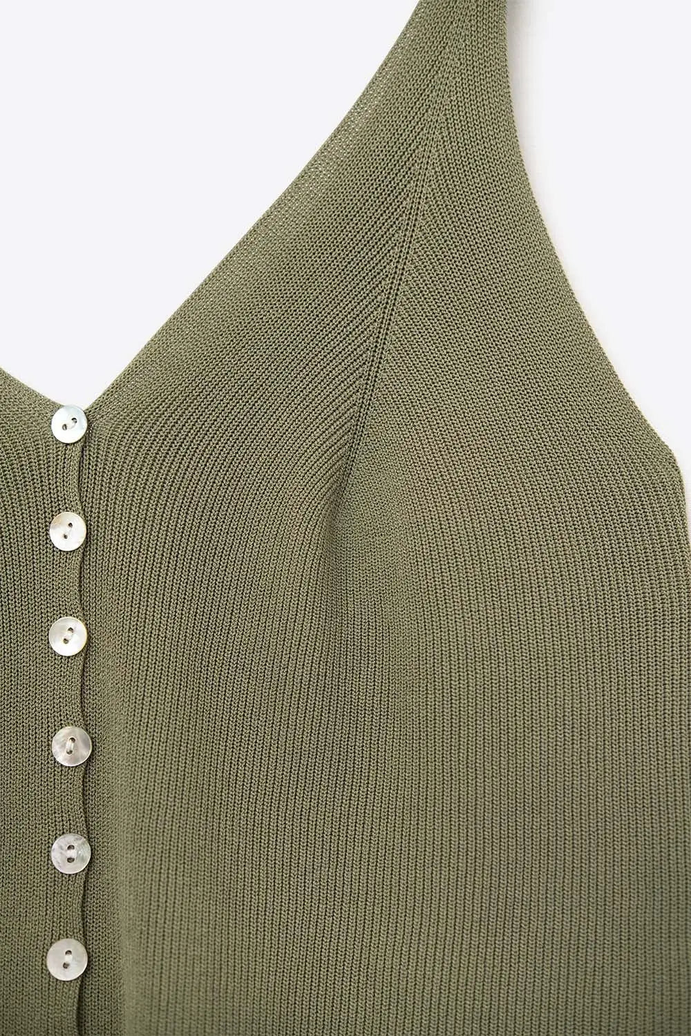 Khaki Knit Buttoned Crop Top - KHAKI / ONE - Tops
