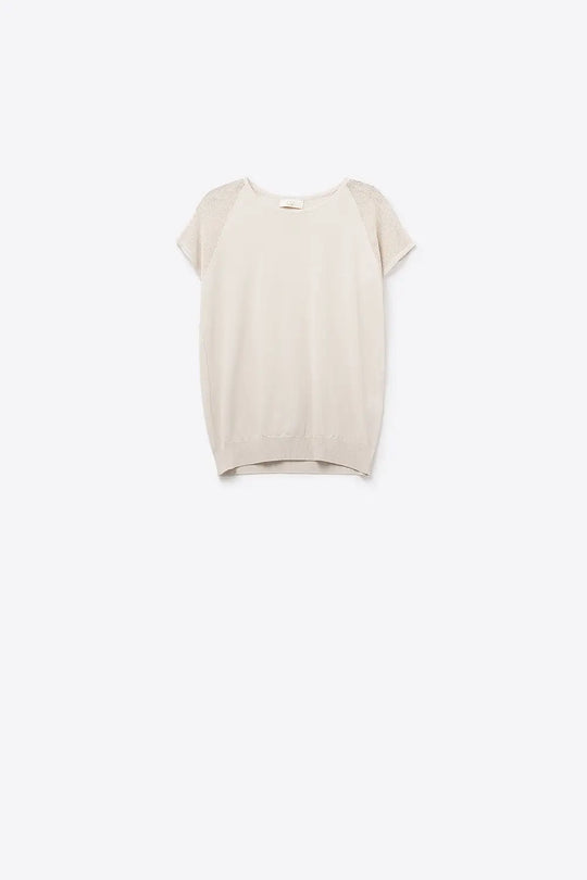 Beige Short Sleeve Sweater with knitted mesh on the shoulder - BEIGE / ONE - Sweaters