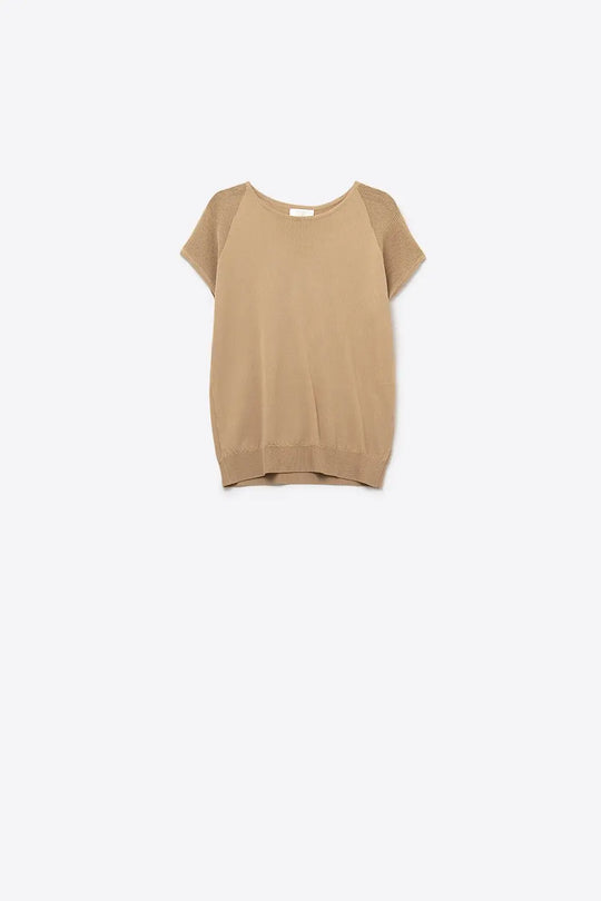 Camel Ribbed Short Sleeve Sweater with knitted mesh on the shoulder - CAMEL / ONE - Sweaters