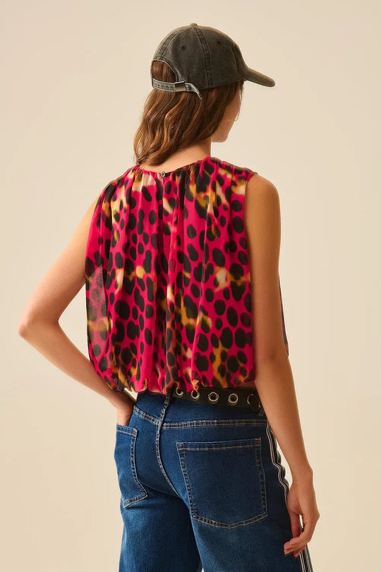 Cropped Pleated Animal Print Top in Red and Black - Tops