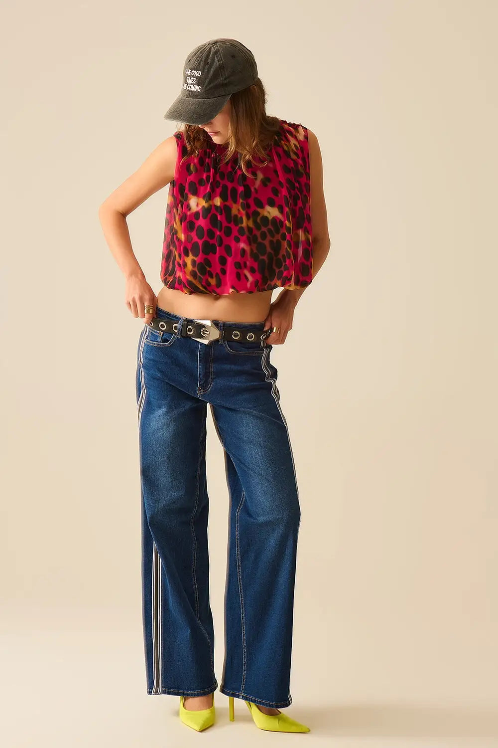 Cropped Pleated Animal Print Top in Red and Black - Tops