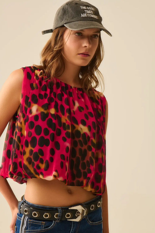 Cropped Pleated Animal Print Top in Red and Black - Tops