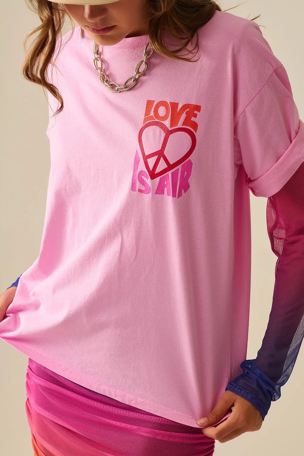 Pink T-Shirt with Love is Air and Heart with Peace logo - PINK / ONE - T-Shirts