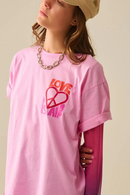 Pink T-Shirt with Love is Air and Heart with Peace logo - PINK / ONE - T-Shirts