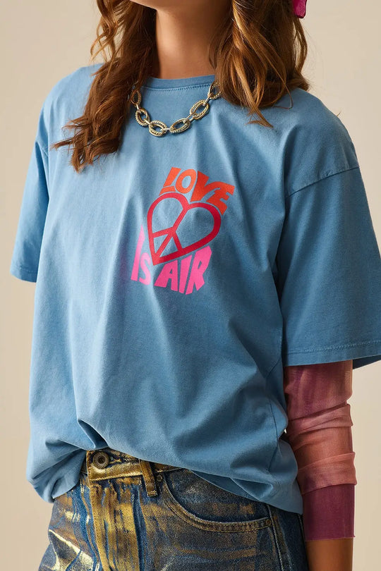 Blue T-Shirt made in italy with Love is Air and Heart with Peace logo - BLUE / ONE - T-Shirts