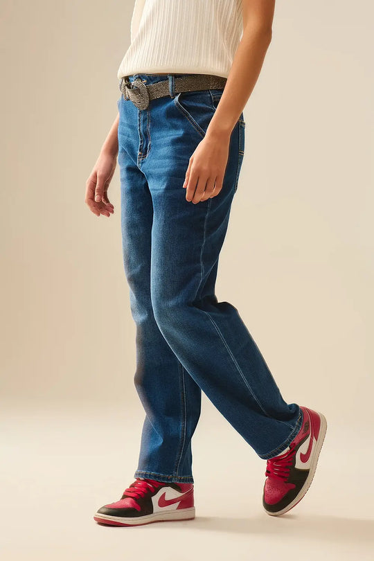 Straight Fit Jeans With Side Pockets in Mid Blue