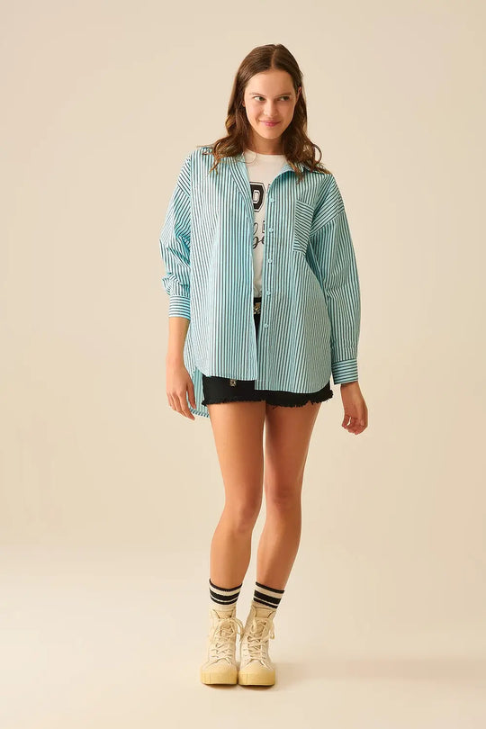 High-Low Oversized Striped Shirt With Chest Pocket in Black and Blue - Shirts